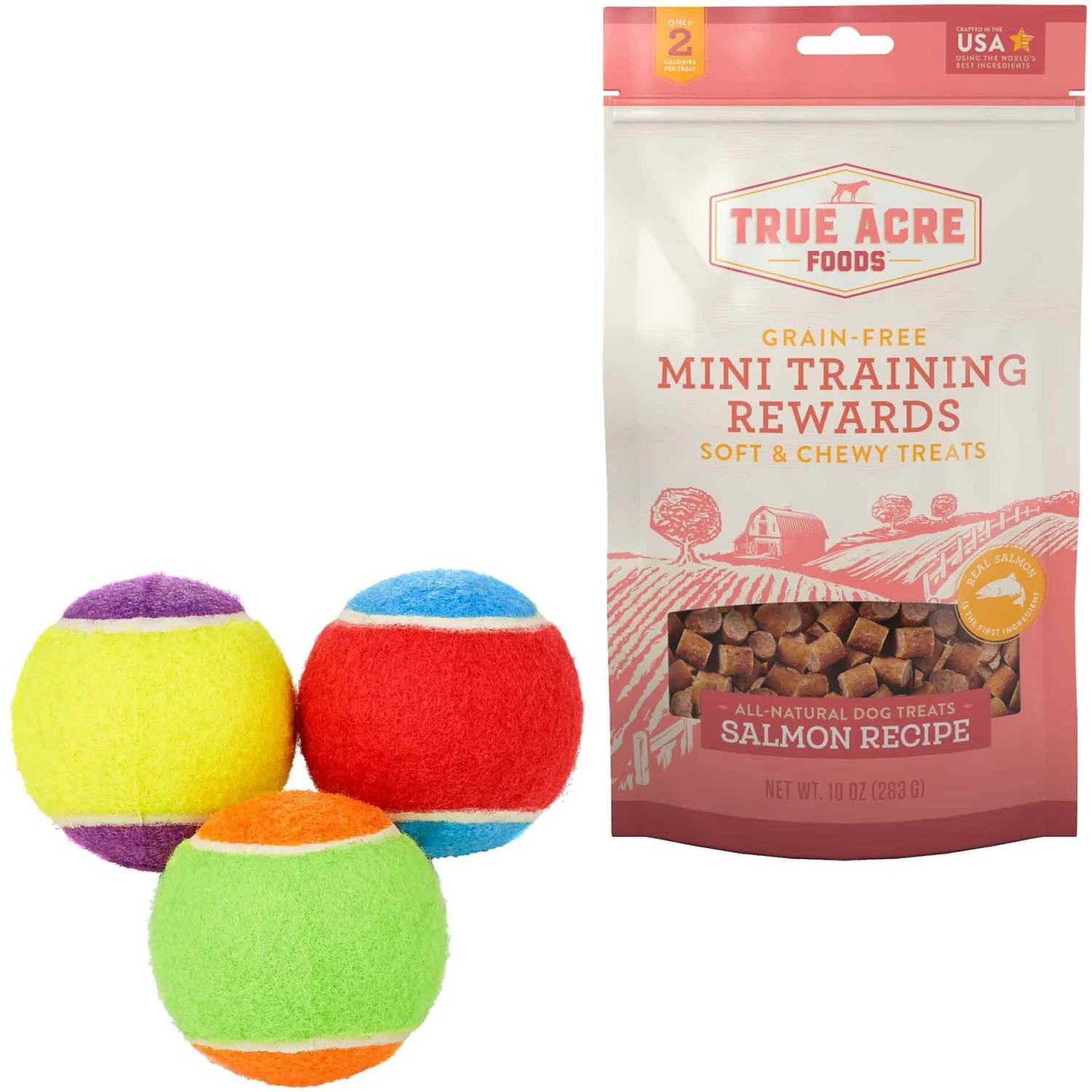 Frisco Fetch Squeaking Colorful Tennis Ball Dog Toy & True Acre Foods Salmon Recipe Mini-Training Rewards Grain-Free Soft & Chewy Dog Treats 3 Frisco Fetch Squeaking Colorful Tennis Ball Dog Toy & True Acre Foods Salmon Recipe Mini-Training Rewards Grain-Free Soft & Chewy Dog Treats
