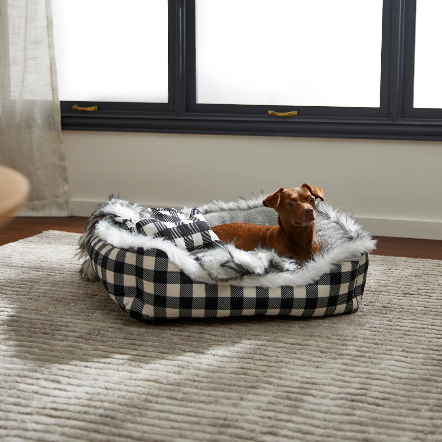 Frisco Buffalo Check Cuddler Pet Bed & Gift Set, Black & White 3 Frisco Buffalo Check Cuddler Pet Bed & Gift Set, Black & White