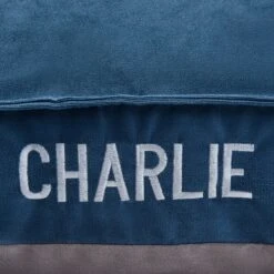 Frisco Personalized Navy Bolstered Bed With Navy Check Bolster -The Pet Haven Shop 311766 PT4. AC SS1800 V1630593985