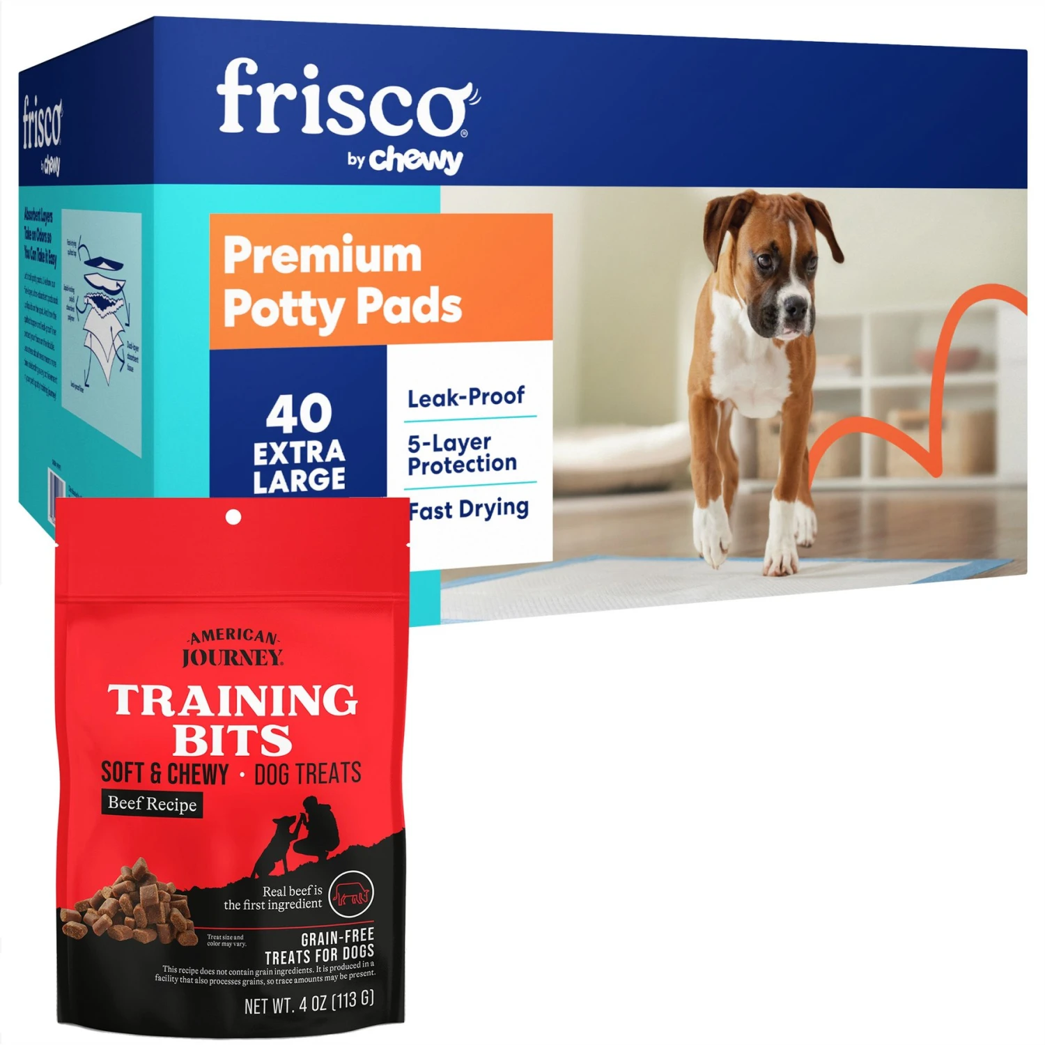 Frisco Premium Extra Large Dog Training & Potty Pads & American Journey Beef Recipe Grain-Free Soft & Chewy Training Bits Dog Treats 3 Frisco Premium Extra Large Dog Training & Potty Pads & American Journey Beef Recipe Grain-Free Soft & Chewy Training Bits Dog Treats